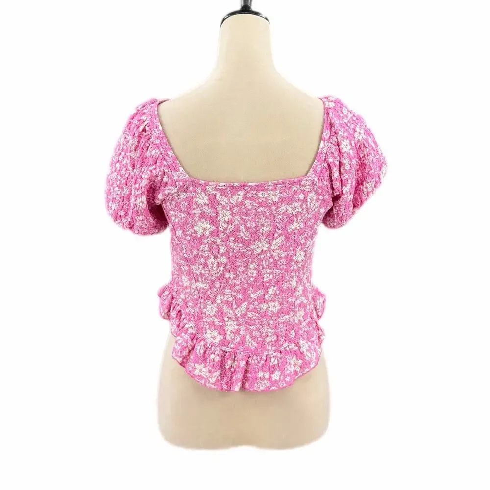 Free People Oh Baby Pink White Corset Puff Sleeve Ruffle Lace Eyelet Blouse Top